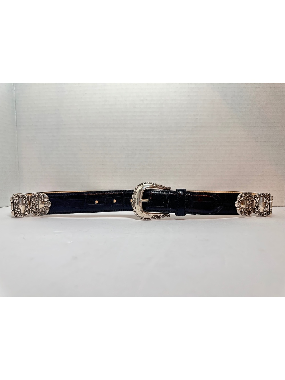 Vintage Classic Fossil Black Croc-Embossed Leather Western Belt
